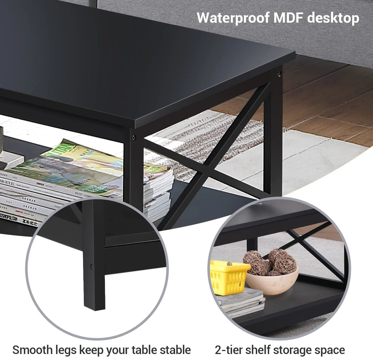YouYeap Coffee Table Living Room Furniture Table with Storage Shelf, Black