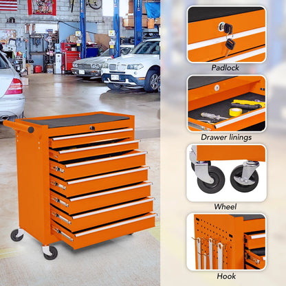 Tool Box, 7-Drawer Steel Rolling Tool Chest on Wheels for Workshop Garage, Orange