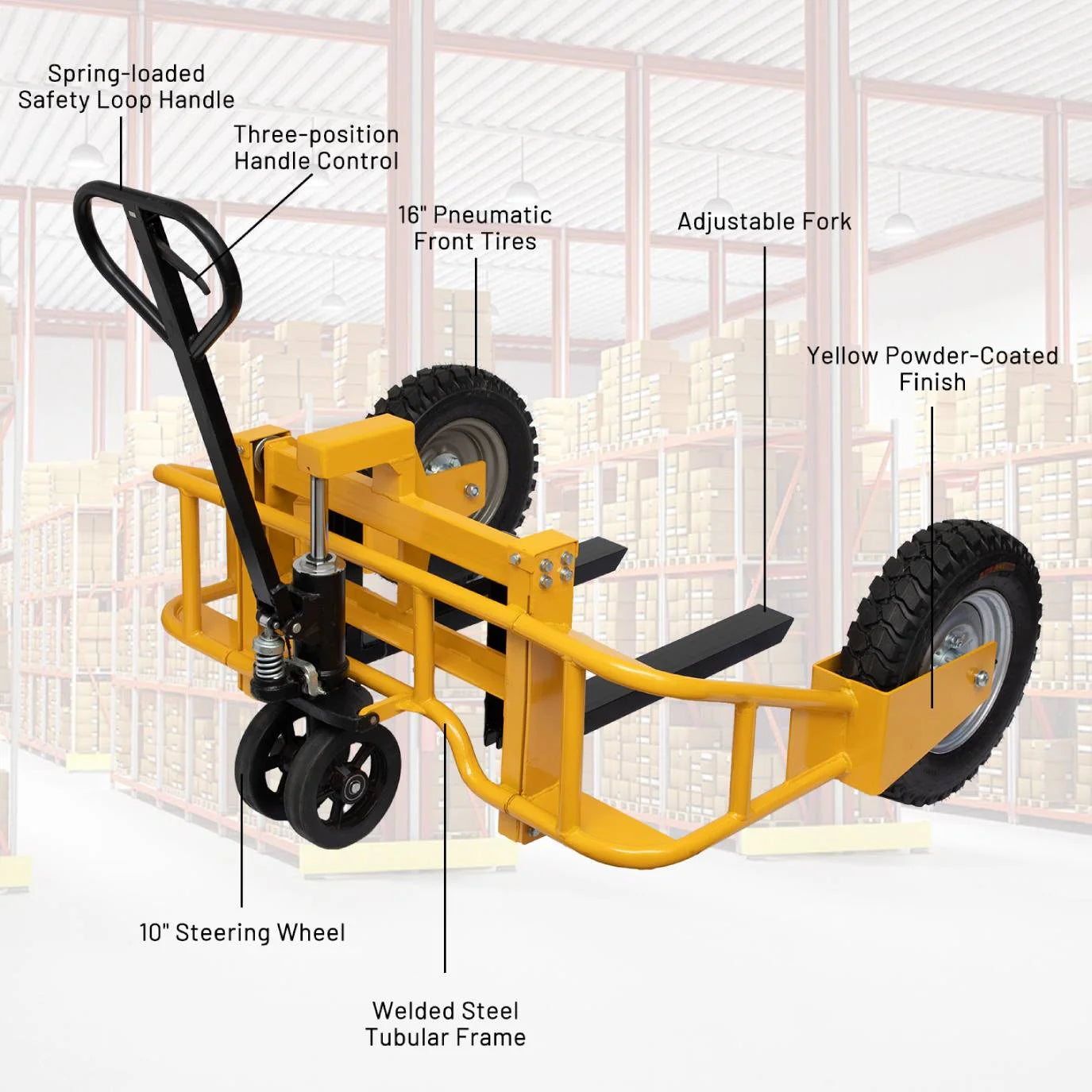 All Terrain Adjustable Manual Pallet Jack Hand Pallet Truck with Guardrail, 65.75"W x 55.35"D x 50.39"H, 2500 lbs Cap.