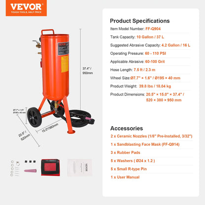 SKYSHALO 10 Gallon Durable Sand Blaster, 60-110 PSI Pressure Sandblaster, Mobile Abrasive Blasting Unit, Air Sand Blaster Kit with 2 Ceramic Nozzles & 7.5ft Hose for Removing Stain, Rust, Paint