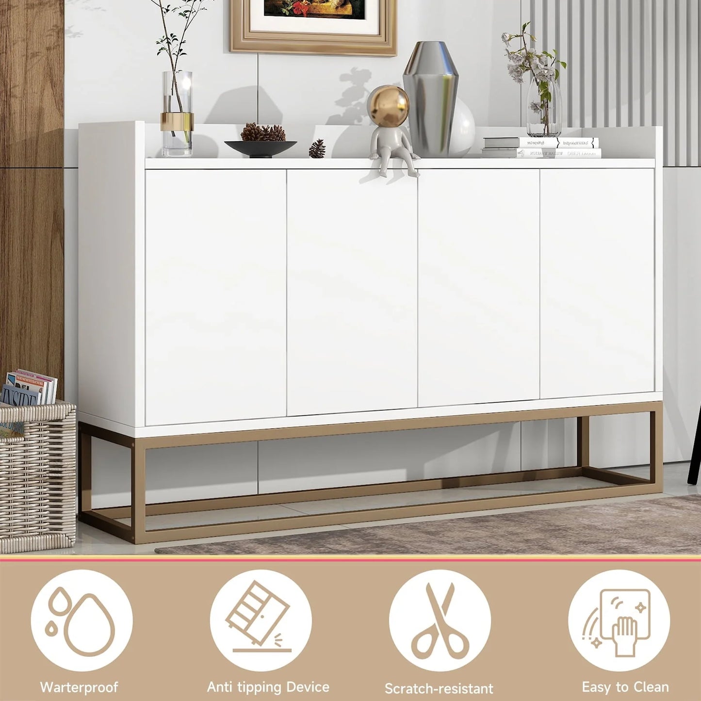 Storage Cabinet, Farmhouse Buffet Sideboard, Buffet Cabinet, Storage Cabinet with 4 Rattan Doors and Adjustable Shelves, Heavy Duty Cabinet Furniture for Living Room Kitchen Dining Room, White