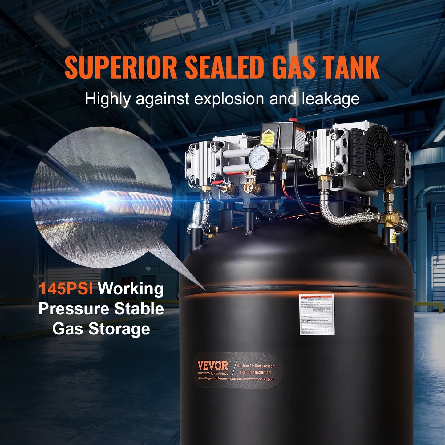 VEVOR 80 Gallon Compressor, 6.5HP, 15.5SCFM@90 PSI, Dual-Stage 145PSI, Oil-Free, 86dB Quiet Operation, Ideal for Manufacturing, Construction, Auto Repair