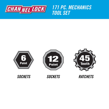 CHANNELLOCK 39053 171pc Mechanic's Tool Set, Includes Standard SAE and Metric Sizes, Chrome/Nickel Finish