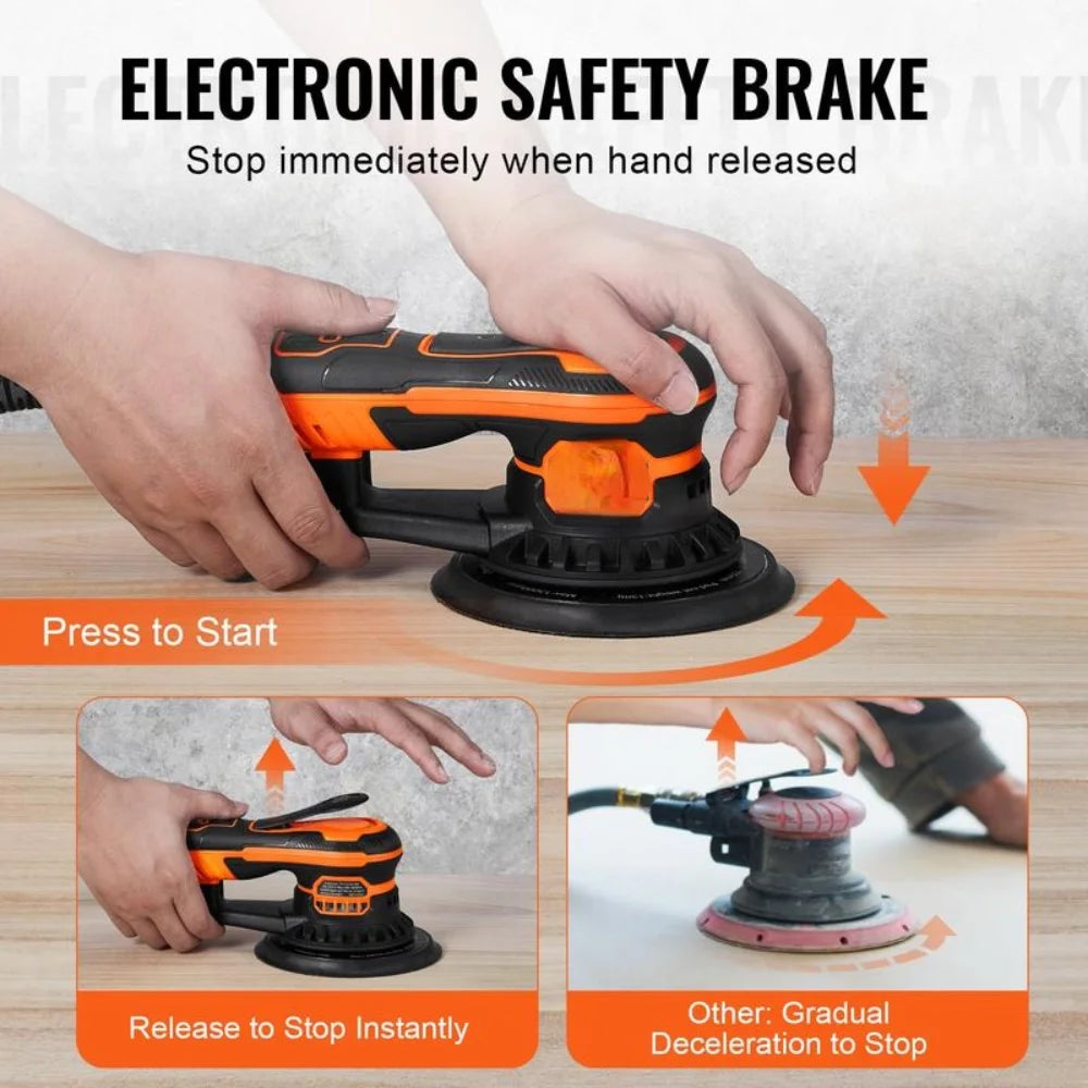 Random Orbital Sander 5 & 6-Inch, 350W Brushless Orbital Sander, 10,000 PRM 6 Variable Speed Electric Palm Sander with 20PCS Sandpapers, Dust Connector & Hose for Woodworking Detailing Sanding