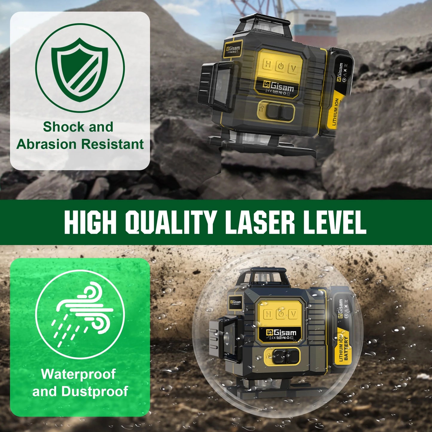 Gisam Laser Level with Tripod , 4x360? Self-Leveling Green Cross Line 4D Laser Tool with Remote Control & 2* 4800mAh Battery