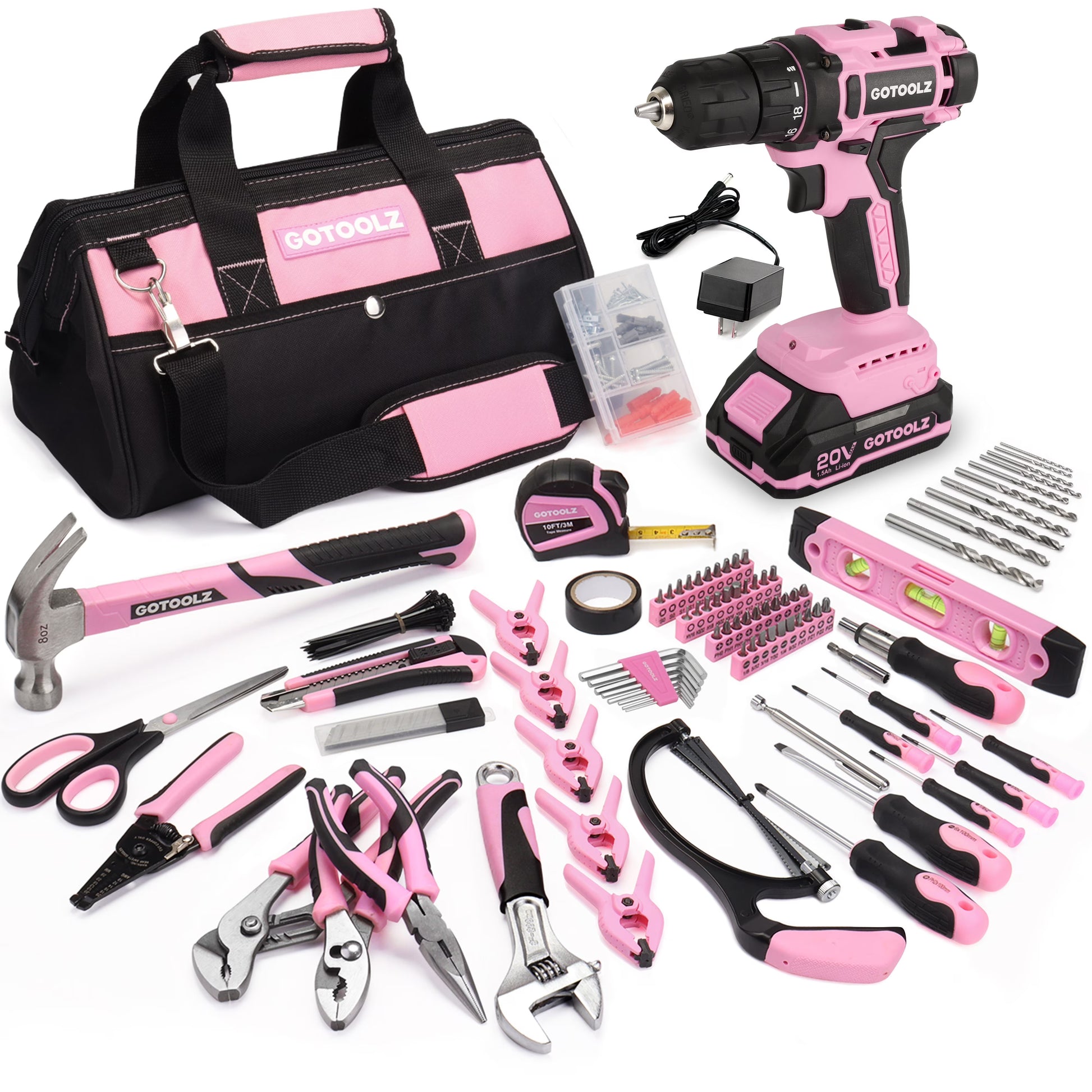 253-Piece 20V Pink Cordless Lithium-ion Drill Driver And Home Tool Set, Lady's Repairing Kit With 12-Inch Wide Mouth Open Storage Bag