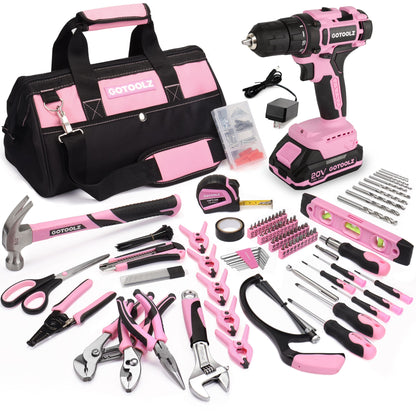 253-Piece 20V Pink Cordless Lithium-ion Drill Driver And Home Tool Set, Lady's Repairing Kit With 12-Inch Wide Mouth Open Storage Bag
