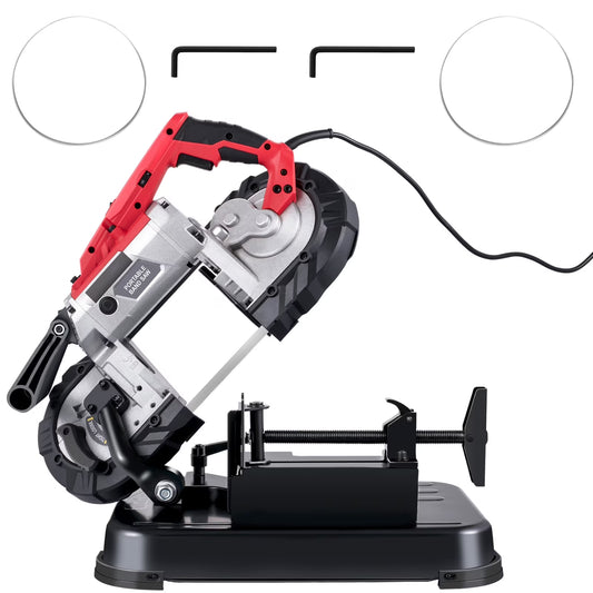 KFFKFF Portable band saw, 110V removable alloy steel base rechargeable band saw, 5 inch cutting capacity handheld band saw, variable speed portable band saw, 10 amp motor, deep cutting band saw for