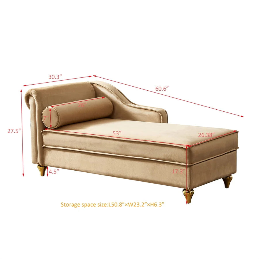 Functional Indoor Chaise Lounge with Large Storage, Modern Velvet Upholstered Sofa Recliner with One Backrest and Armrest, Sofa Lounge Chair with Sturdy Metal Legs Suitable for Living Room, Bedroom