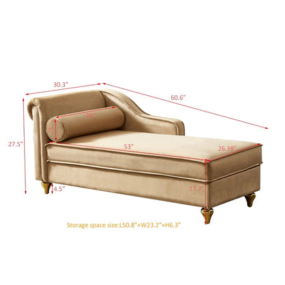 Functional Indoor Chaise Lounge with Large Storage, Modern Velvet Upholstered Sofa Recliner with One Backrest and Armrest, Sofa Lounge Chair with Sturdy Metal Legs Suitable for Living Room, Bedroom
