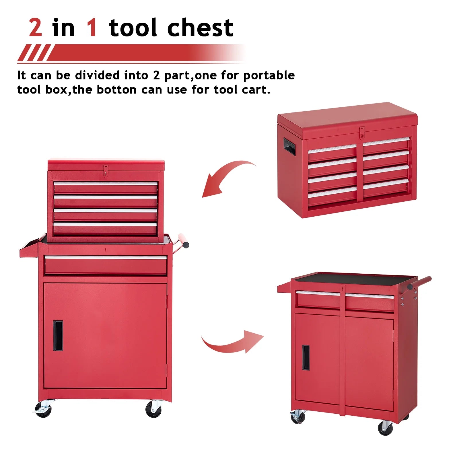 NETAJE Metal Tool Chest, 2 in 1 Steel Rolling Tool Box & Cabinet On Wheels for Garage, Detachable Top Tool Box and Lockable Wheels Metal Tool Cart for Garage, 5-Drawer, Black
