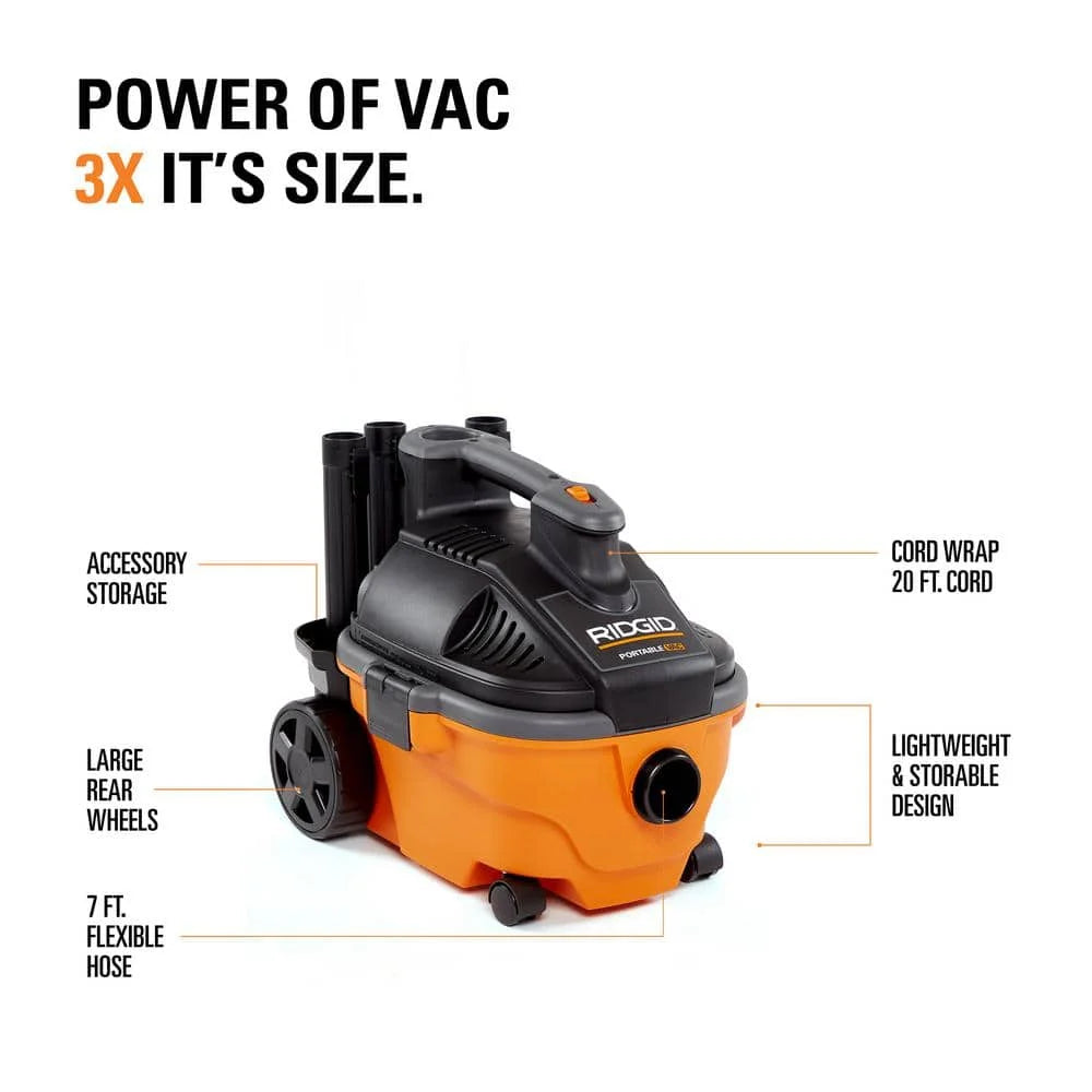 4 Gallon 5.0 Peak HP Portable Shop Vacuum Wet Dry Vac with Fine Dust Filter, Locking Hose and Accessory Attachments