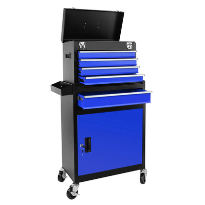 5-Drawer Rolling Tool Box, 2-IN-1 Hidden Multifunctional Tool Chest, Blue Tool Box on Wheels Storage Tool Organizer Cart, Hooks, Classification Box, Liner