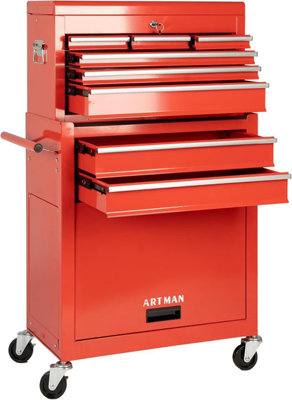 8-Drawer Rolling Tool Chest with Lockable Wheels, Sliding Drawers, Detachable Top & Adjustable Shelf