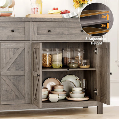 Homfa Farmhouse Kitchen Storage Cabinet, 4-Doors 2-Drawers Wood Buffet Sideboard for Dining Room Living Room, Gray