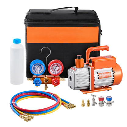 KFFKFF 3.5 CFM AC Vacuum Pump and Gauge Set, Single Stage Rotary Vane HVAC Air Vacuum Pump, A/C Refrigerant Manifold Gauge Kit, with Hoses, for R134a, R12, R22, R502a, R410A, R404, R407C Refrigerants