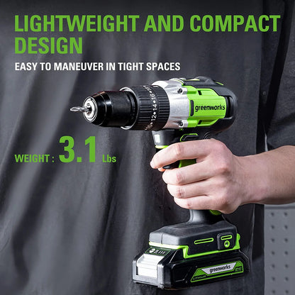 Greenworks 24V 1/2" Cordless Brushless Hammer Drill Kit + 2Ah Battery & Charger 3706602