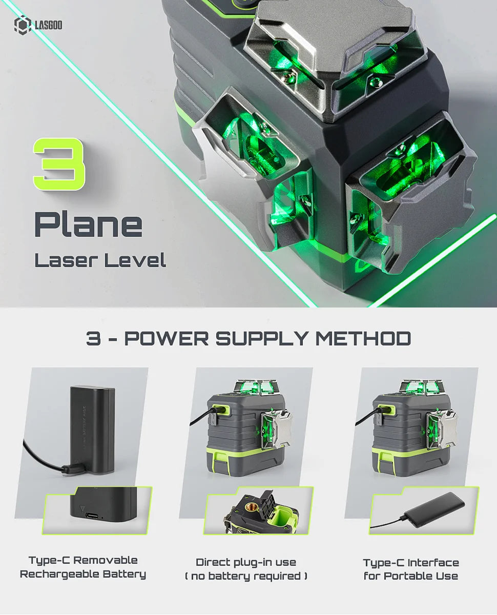 Laser Level 3x360? LASGOO with Remote Control, 2 Rechargeable Batteries, 100FT Range, 360? Magnetic Rotating Stand, IP54, 3Ds