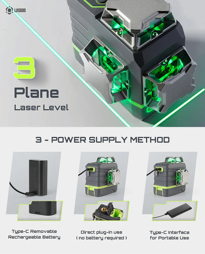 Laser Level 3x360? LASGOO with Remote Control, 2 Rechargeable Batteries, 100FT Range, 360? Magnetic Rotating Stand, IP54, 3Ds