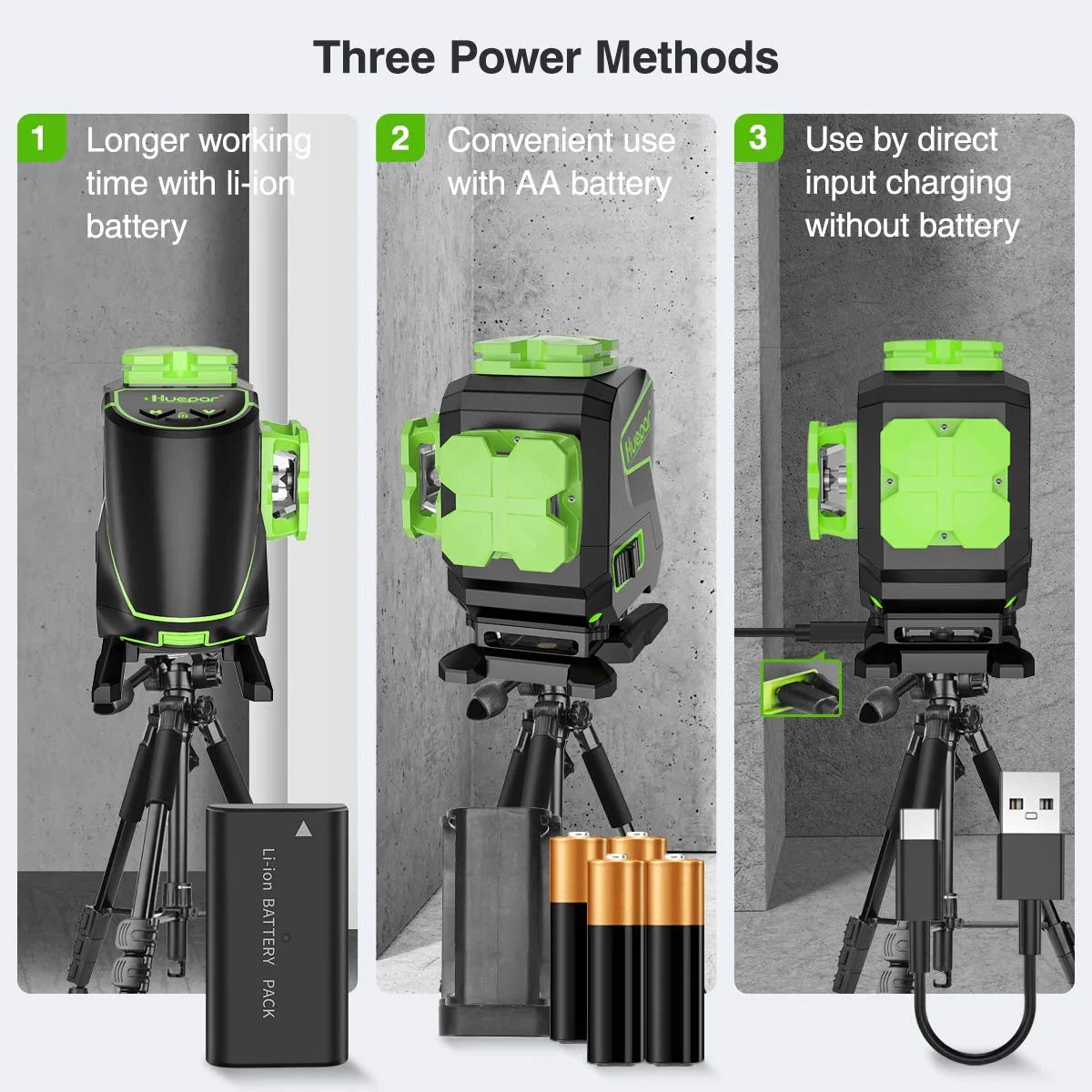 Huepar 3 x 360 Degree Cross Line Laser Level 3D Self-leveling Tiling Floor Green Beam Laser Leveler Tools with Li-ion Battery & Pivoting Base S03DG-L