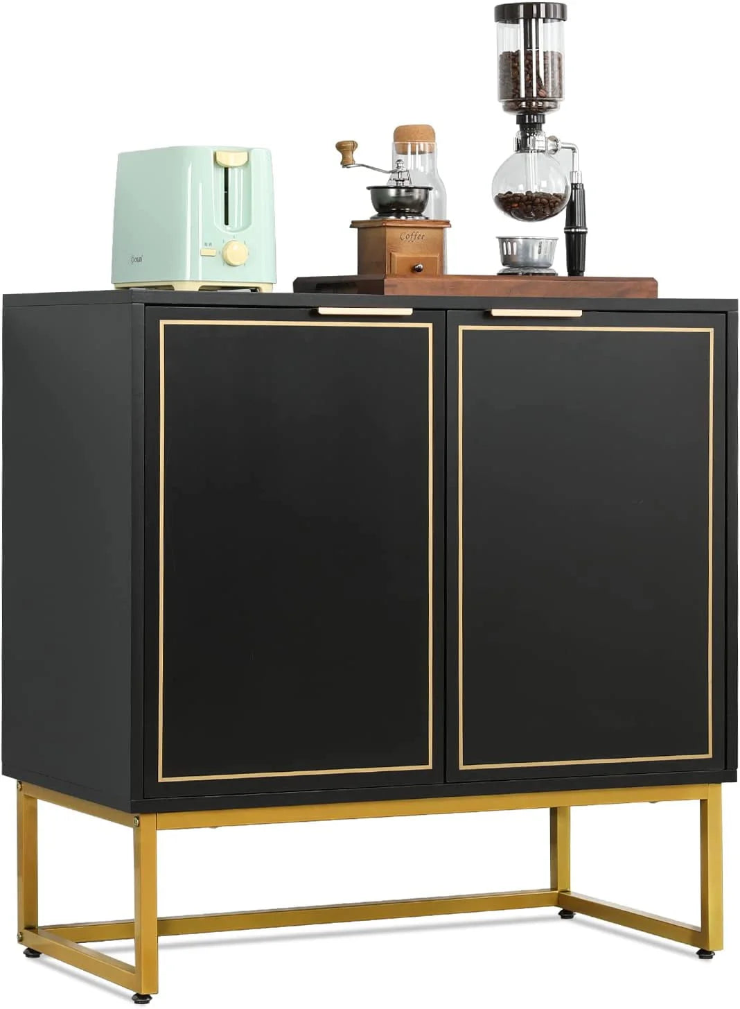 Yoleny 31'' Buffet Cabinet with Storage, Accent Cabinet with 2 Doors, Gold Trim and Golden Legs, Wooden Sideboard with Adjustable Shelf and Feet for Bedroom, Living Room, Kitchen, Hallway, Black
