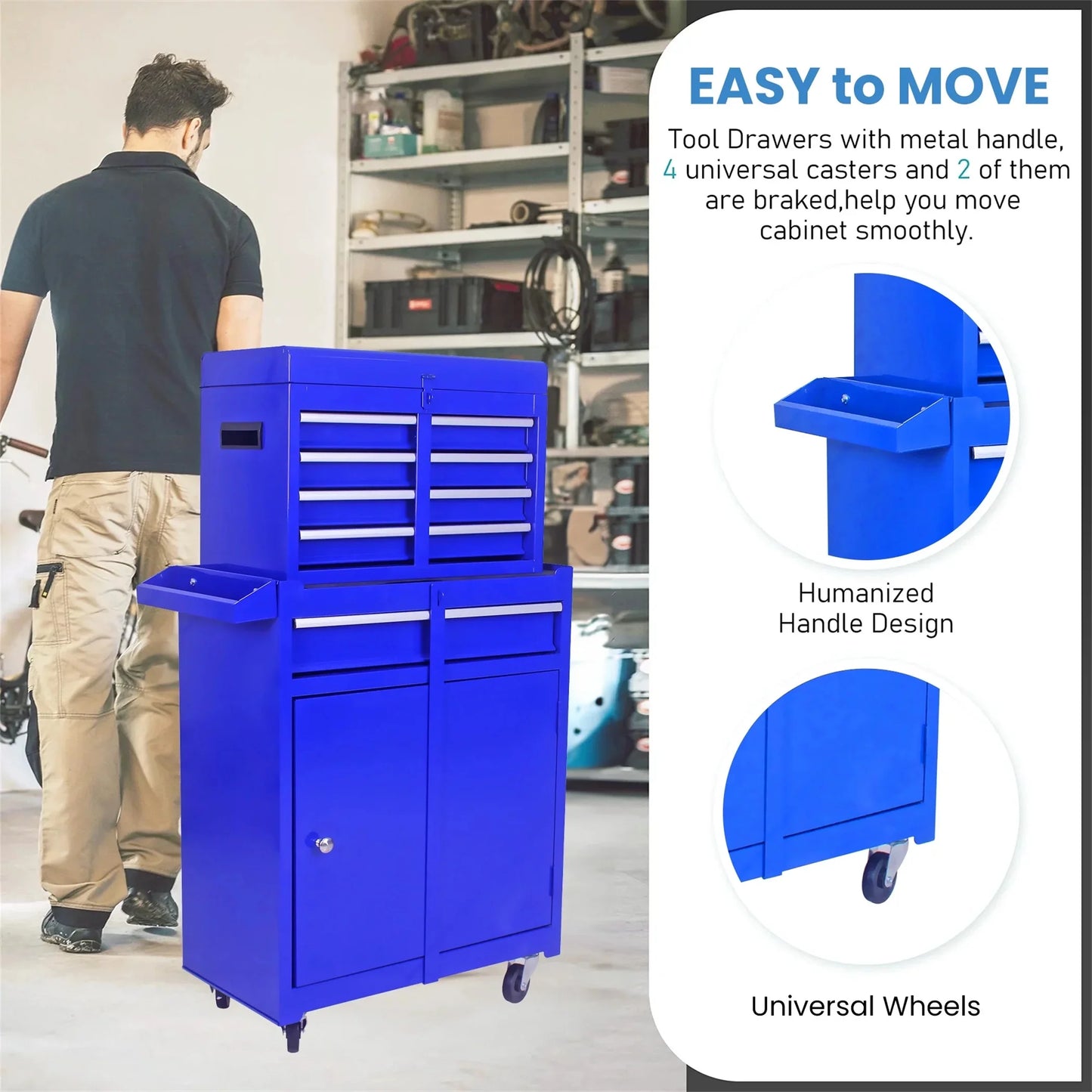 Aukfa Tool Box, 2 in 1 Steel Rolling Tool Chest & Cabinet On Wheels for Garage, 5-drawer, Blue