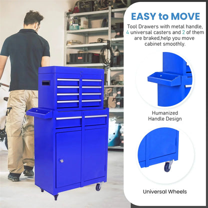 Aukfa Tool Box, 2 in 1 Steel Rolling Tool Chest & Cabinet On Wheels for Garage, 5-drawer, Blue