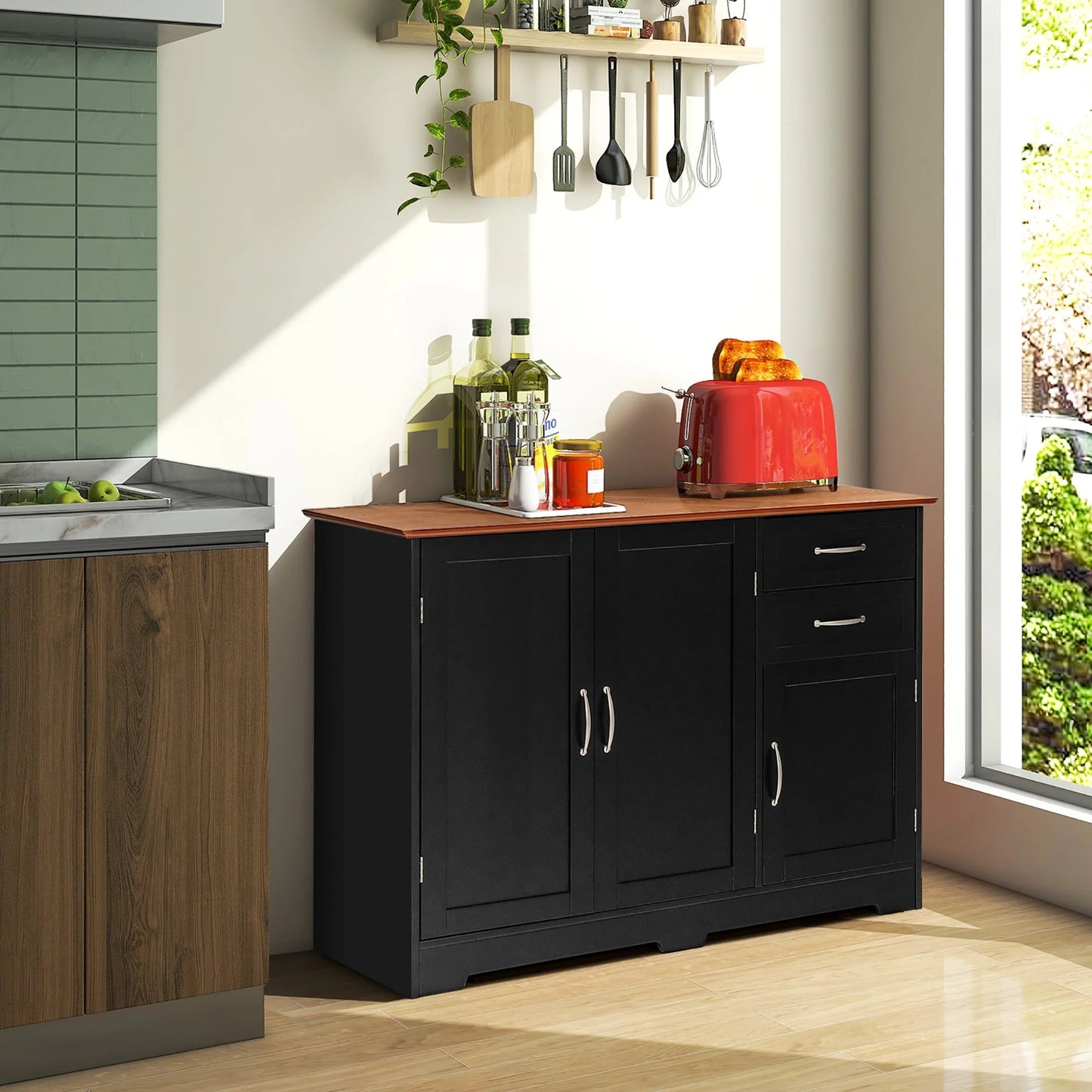 Costway Buffet Sideboard Kitchen Cupboard Storage Cabinet with 2 Drawers & 3 Doors Black