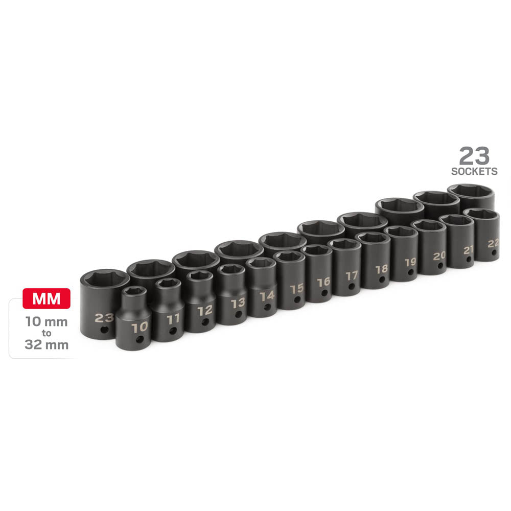 TEKTON 1/2 Inch Drive 6-Point Impact Socket Set with Case, 23-Piece (10-32 mm) | SID92322