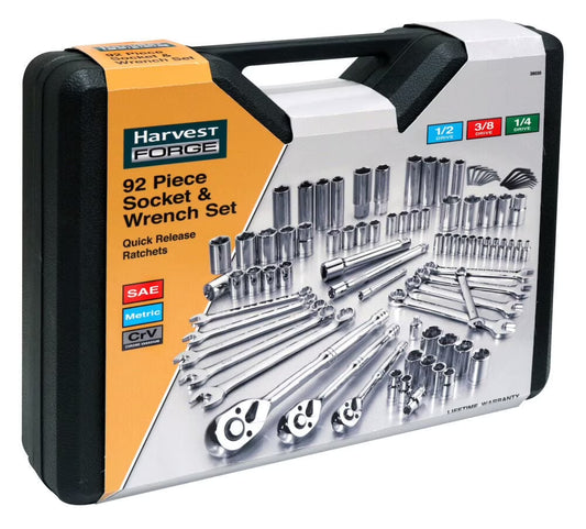 Pro-Grade 92 Pc Mechanics Tool Set, SAE & Metric, Chrome Vanadium, Ratchets, 39030