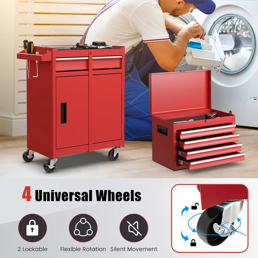 Barara King Tool Rolling Cabinet Toolbox Organizer Chest,2-in-1 Tool Chest and Cabinet with 5 Sliding Drawers-Red