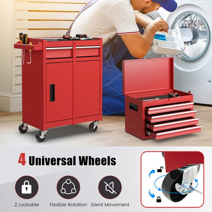Barara King Tool Rolling Cabinet Toolbox Organizer Chest,2-in-1 Tool Chest and Cabinet with 5 Sliding Drawers-Red