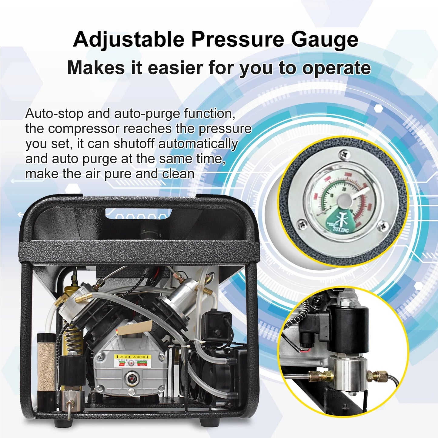 TUXING 4500Psi Pcp Air Compressor,High Pressure Air Compressor,Built-in Water and Fan Cooling System Filter,Auto Stop and Auto Purge Version,for Diving Scuba tank Filling Air Rifle Tank (TXEDT033)