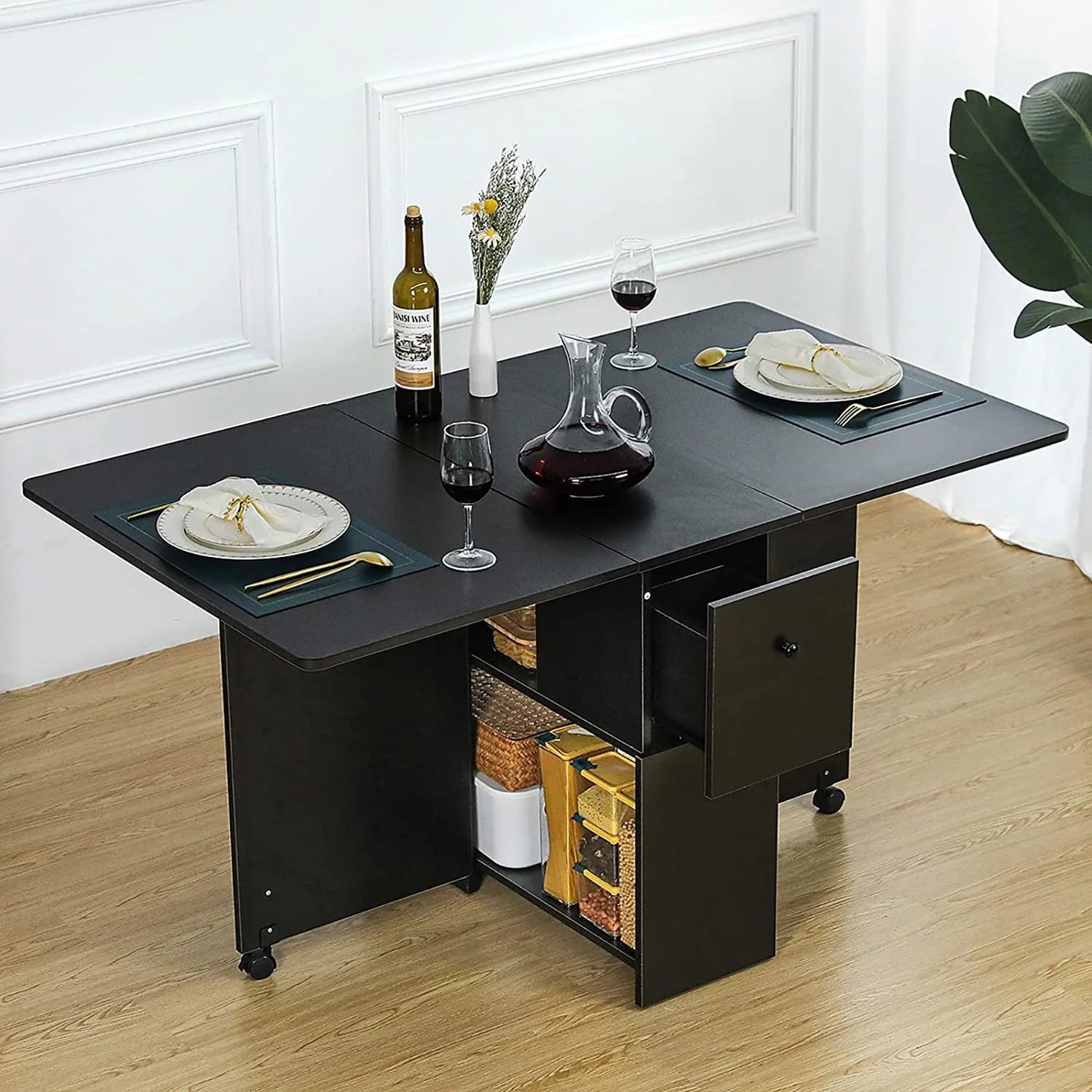 Dinaza Folding Dining Table Drop Leaf Kitchen Table with 2 Drawers for Small Spaces with 6 Wheels and 2-Layer Storage Racks Multifunction Space Saving Table Extension Dinner Table Black Walnut