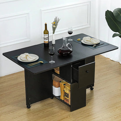 Dinaza Folding Dining Table Drop Leaf Kitchen Table with 2 Drawers for Small Spaces with 6 Wheels and 2-Layer Storage Racks Multifunction Space Saving Table Extension Dinner Table Black Walnut