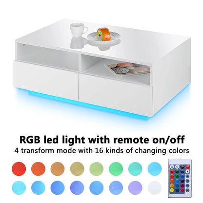 Hommpa LED Coffee Table Rectangular High Gloss Coffee Tea Table Modern Center Table with LED Light 4 Storage Drawers Sofa End Table for Living Room 35.4 x 22 x 13.8 Inches