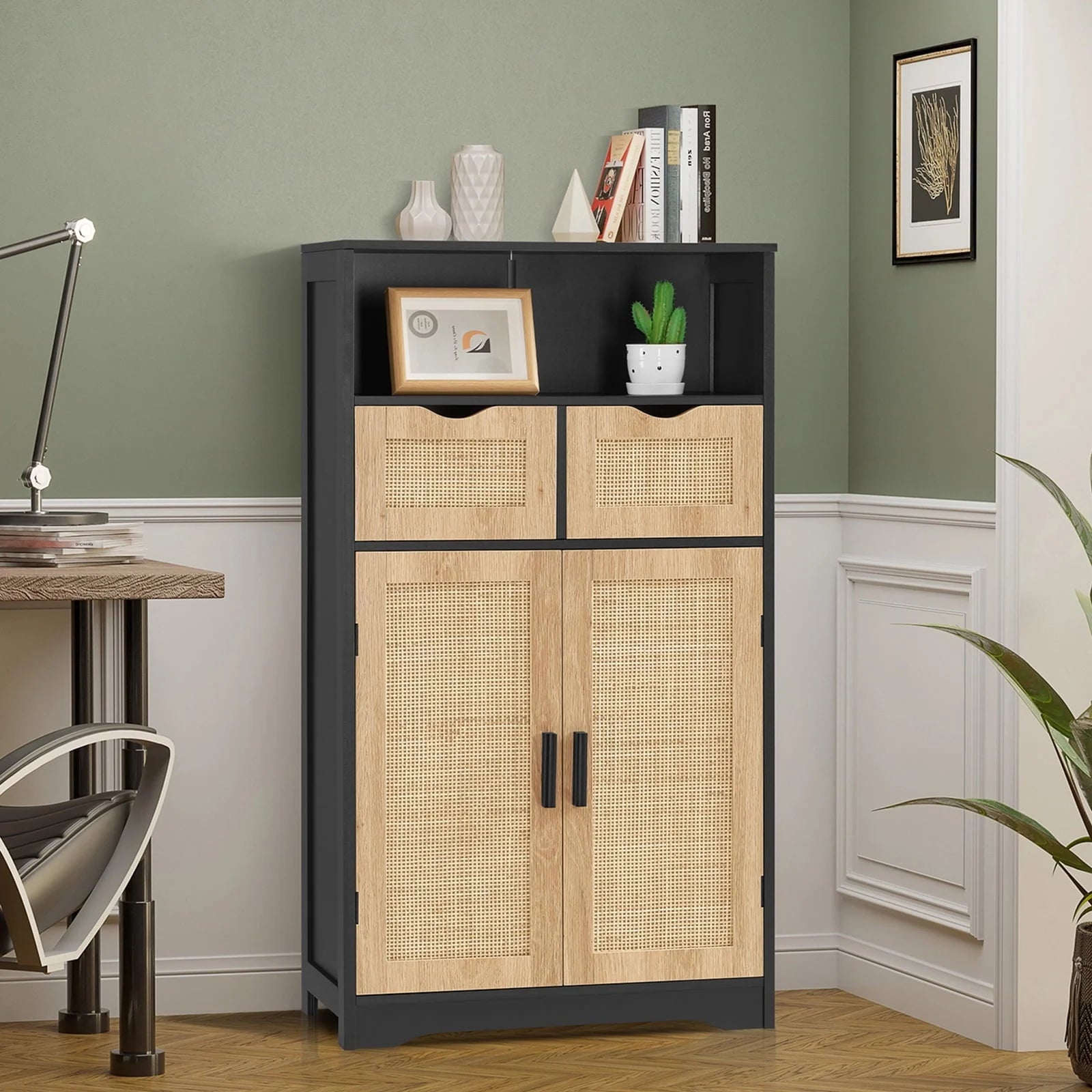 Iwell Rattan Storage Cabinet with 2 Drawers & 2 Shelves, Floor Cabinet for Living Room
