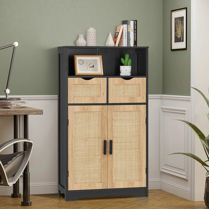 Iwell Rattan Storage Cabinet with 2 Drawers & 2 Shelves, Floor Cabinet for Living Room