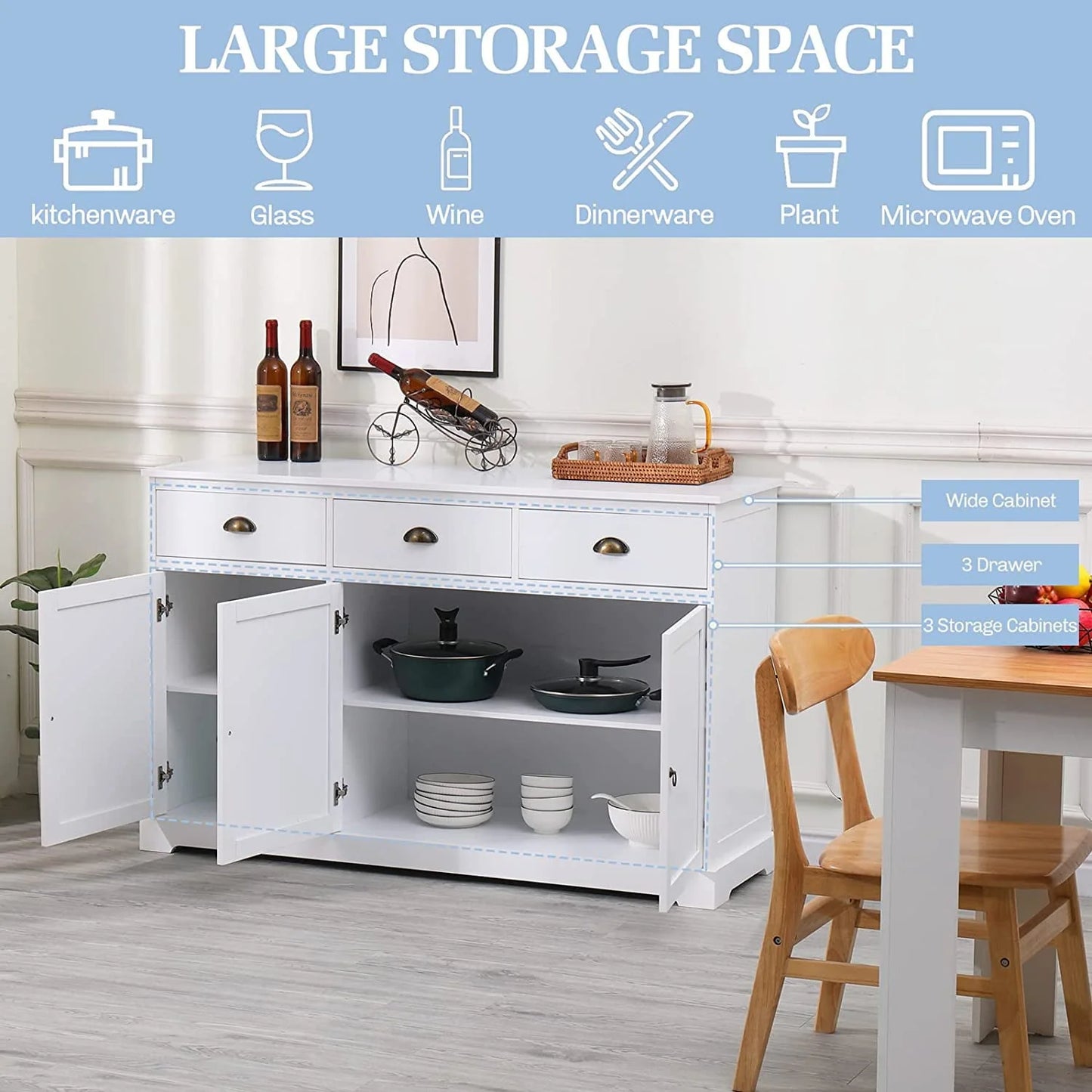Erinnyees Sideboard Storage Cabinet with 3 Drawers and 3 Cabinets, Buffet Cabinet for Kitchen, Ding Room, Living Room, White