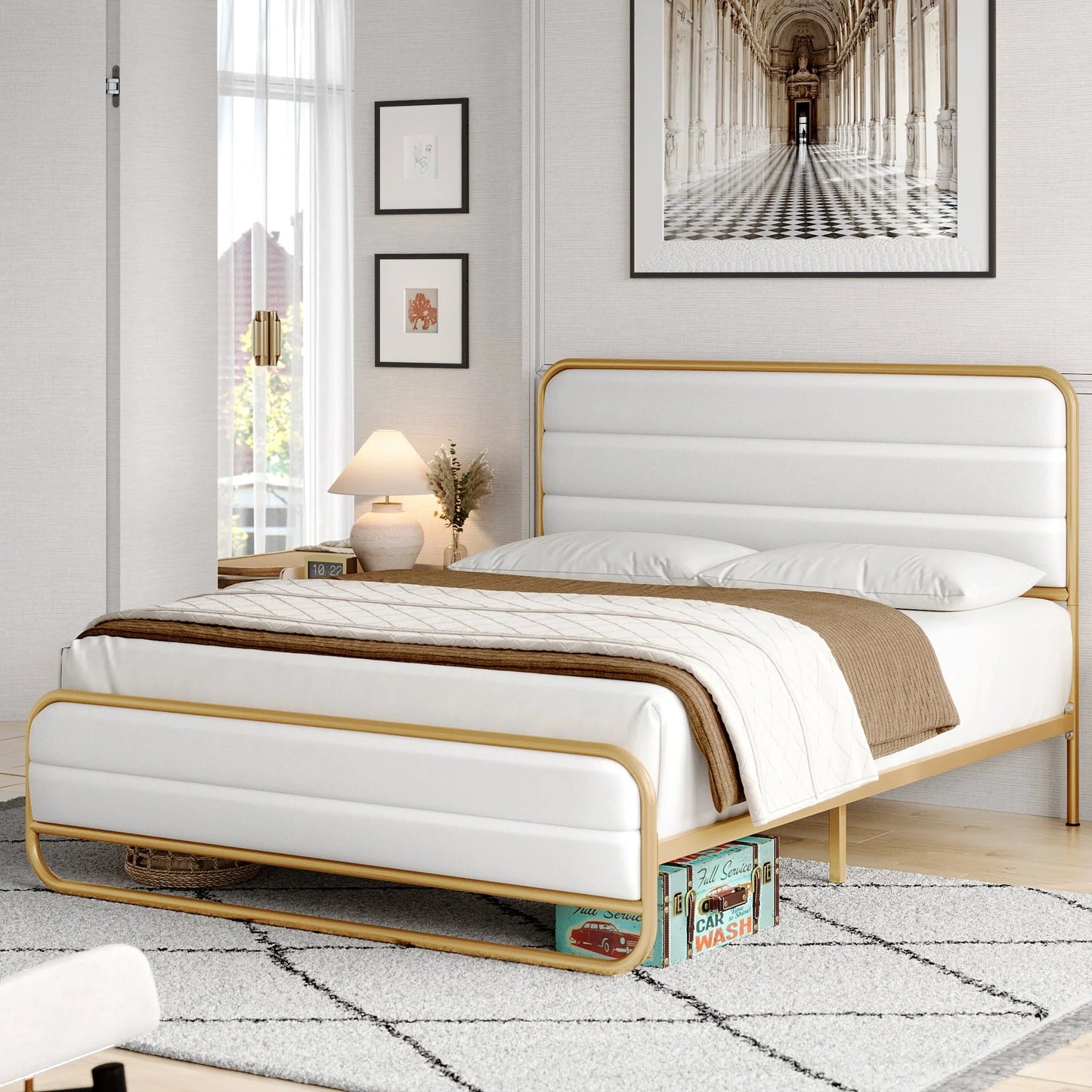 Homfa Queen Size Bed Frame, Gold Metal Tubular Platform Bed with PU Leather Upholstered Headboard, 10.6" Under Bed Storage, White
