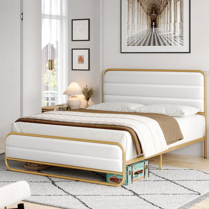 Homfa Queen Size Bed Frame, Gold Metal Tubular Platform Bed with PU Leather Upholstered Headboard, 10.6" Under Bed Storage, White