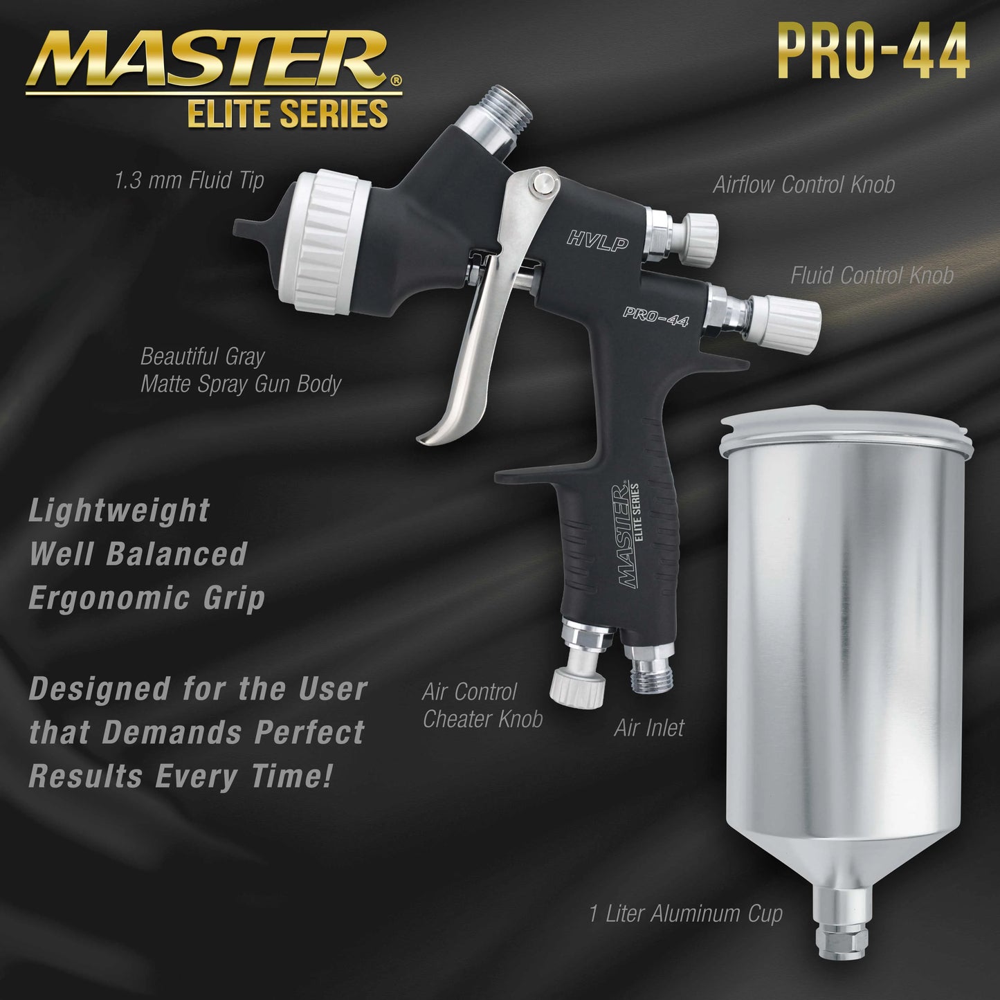 Master Elite Series High Performance HVLP Spray Gun with 1.3mm Tip with High Flow Air Pressure Regulator Gauge