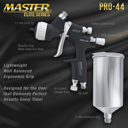 Master Elite Series High Performance HVLP Spray Gun with 1.3mm Tip with High Flow Air Pressure Regulator Gauge