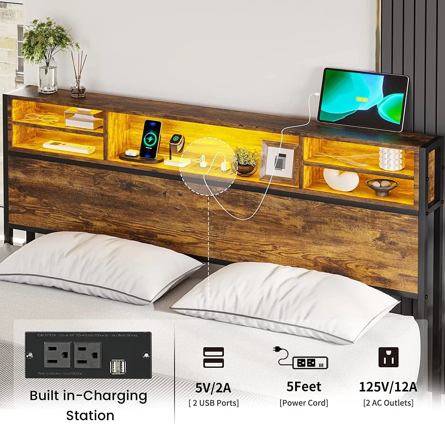 Full LED Bed Frame with Charging Station and Storage Headboard,Full Size Metal Platform Bed with LED Lights, Rustic Brown