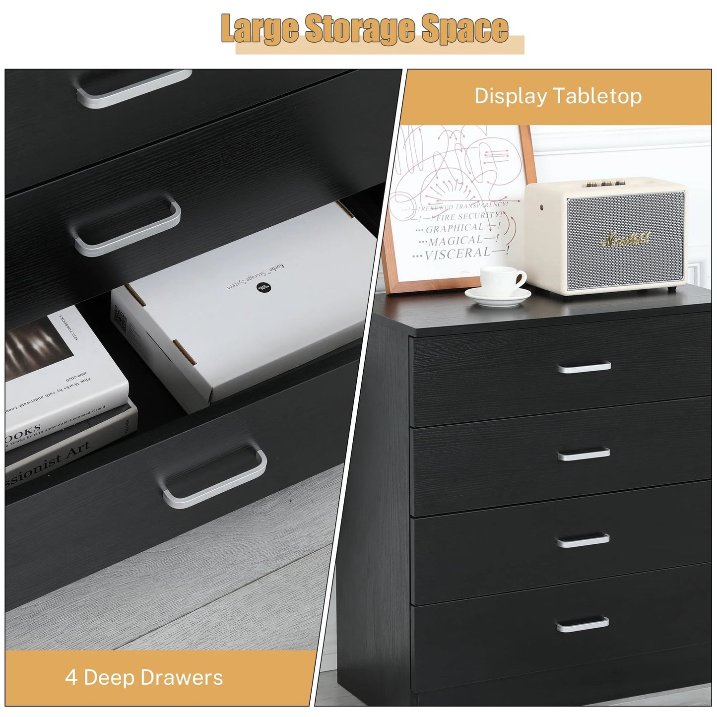 SYNGAR Black 4 Drawer Dresser, Chest of Drawers for Bedroom, Modern Storage Cabinet Dresser Organizer Unit with Handle for Living Room, Closet, Hallway, Nursery