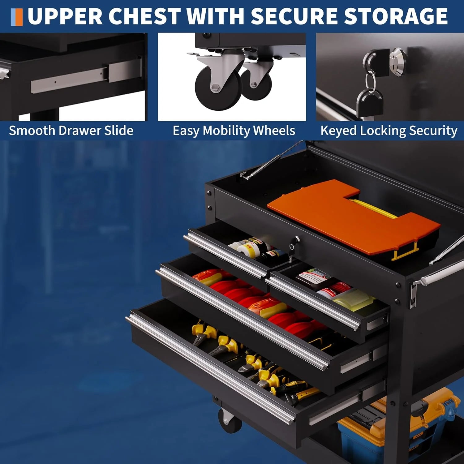 4-Drawer Heavy Duty Tool Cart On Wheels, Locking Rolling Tool Chest with 600+ Lbs Capacity, Powder-Coated Steel, Brake Casters & Multi-Tier Shelves for Garage, Workshop, and Job Site