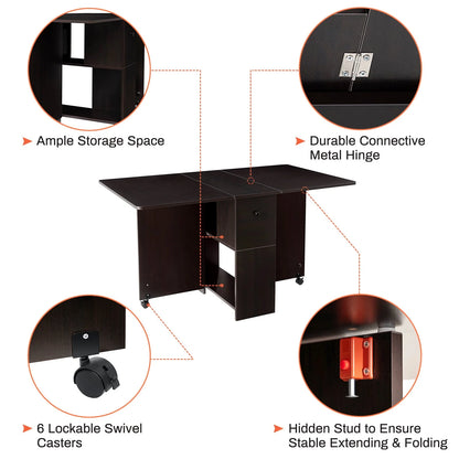 Dinaza Folding Dining Table Drop Leaf Kitchen Table with 2 Drawers for Small Spaces with 6 Wheels and 2-Layer Storage Racks Multifunction Space Saving Table Extension Dinner Table Black Walnut