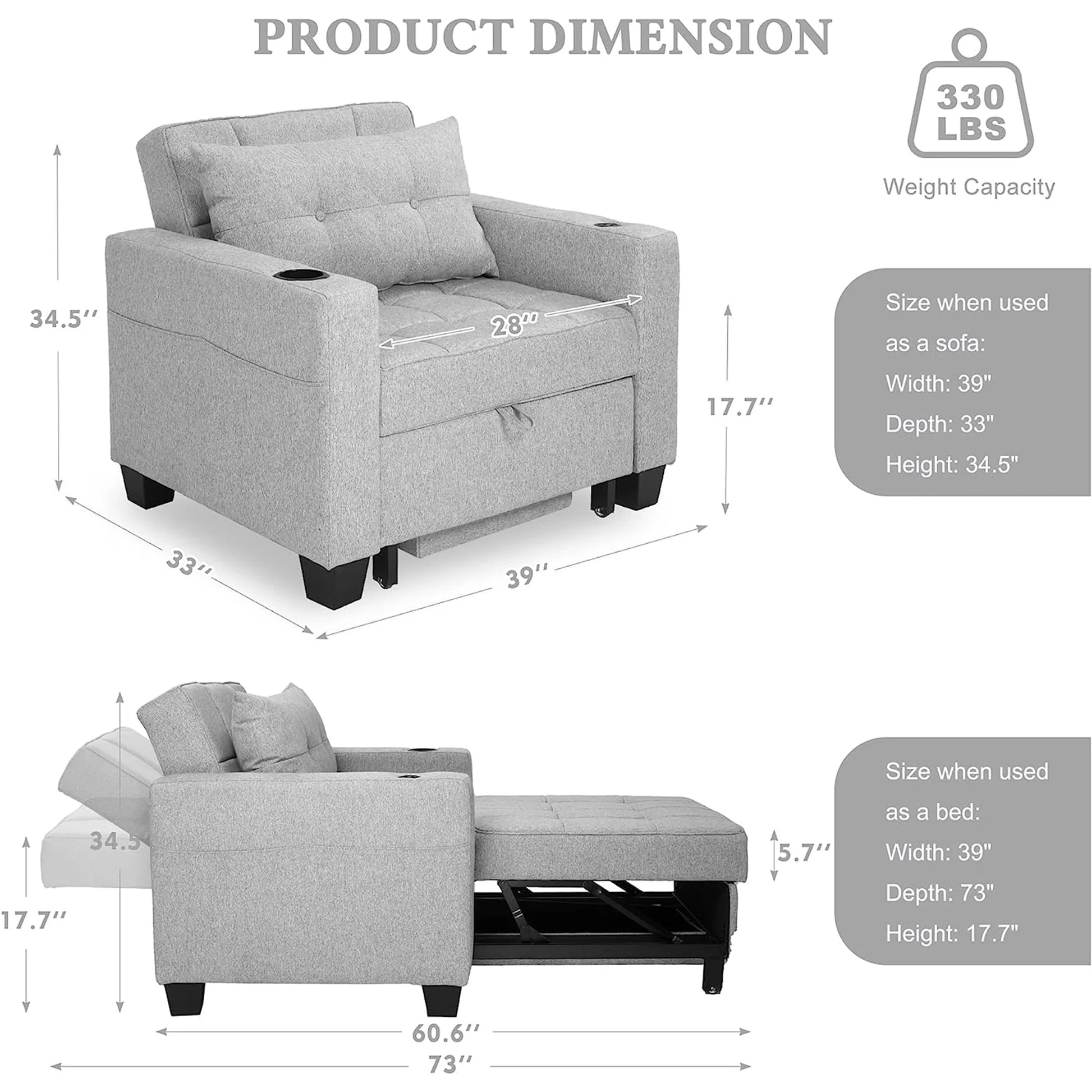 DURASPACE Accent Chair Chaise Lounge Indoor Arm Chair with USB Port, Cup Holder, Side Pocket, Storage, Pillow for Living Room Bedroom - Light Gray