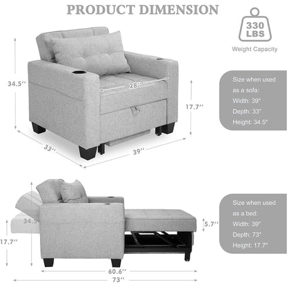 DURASPACE Accent Chair Chaise Lounge Indoor Arm Chair with USB Port, Cup Holder, Side Pocket, Storage, Pillow for Living Room Bedroom - Light Gray