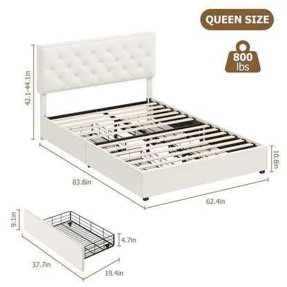 Homfa Queen Size Storage Bed with 4 Drawers, Button Tufted Upholstered Platform Bed Frame with Adjustable Headboard, Off-White